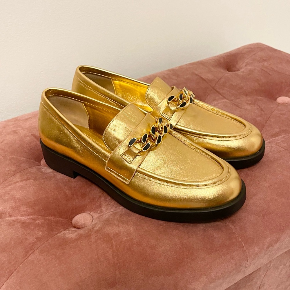 Zara Chain trim metallic gold leather loafers 👞